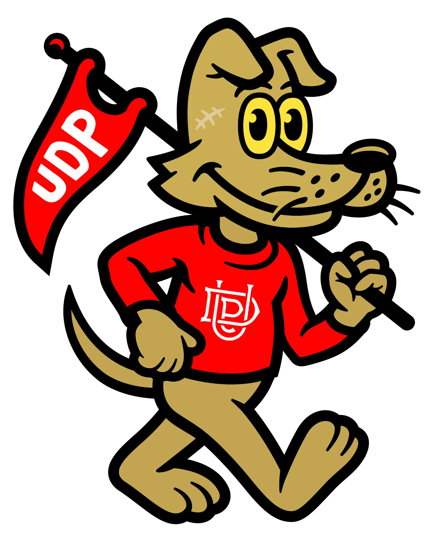 UDP dog mascot with pennant